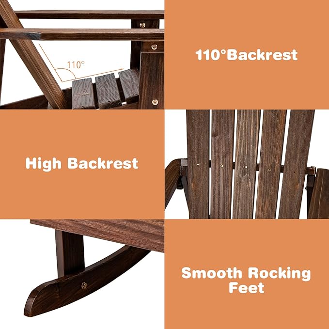 Giantex Wooden Adirondack Rocking Chairs Set of 2 - Kids Outdoor Rocker with Slatted seat, Smooth Rocking Feet, 300LBS Weight Capacity, Porch Rocking Chair for Balcony, Backyard, Poolside (2, Coffee)
