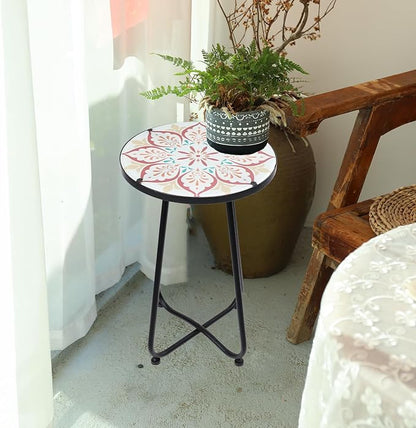 VCUTEKA Patio Side Table Outdoor Accent Table Bistro Coffee Table Plant End Table Small Porch Table Indoor Round Glass Balcony Plant Table Stands Khaki Flower 12 inches