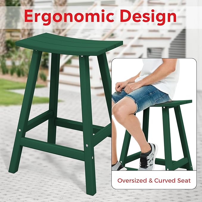 Costaelm All-Weather Bar Stools Set of 3, 24" Height Outdoor Bar Stools, Adirondack Poly Patio Bar Stool for Patio, Deck, Kitchen Counter and Garden, Dark Green