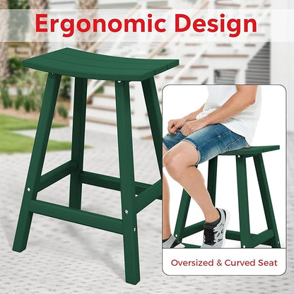 Costaelm All-Weather Bar Stools Set of 3, 24" Height Outdoor Bar Stools, Adirondack Poly Patio Bar Stool for Patio, Deck, Kitchen Counter and Garden, Dark Green