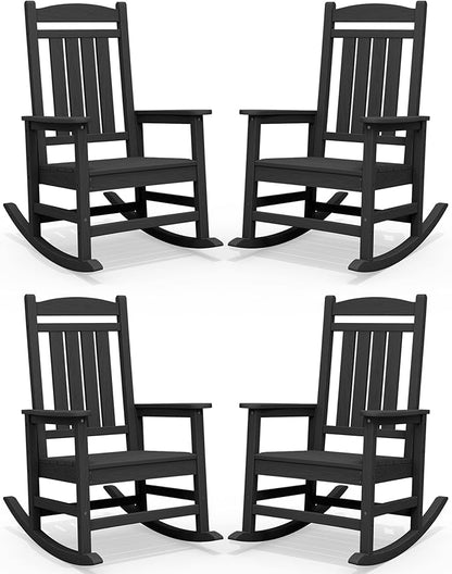SERWALL HDPE Outdoor Rocking Chair Set of 4, Patio Rocking Chairs, All-Weather Porch Rockers for Adults, Black