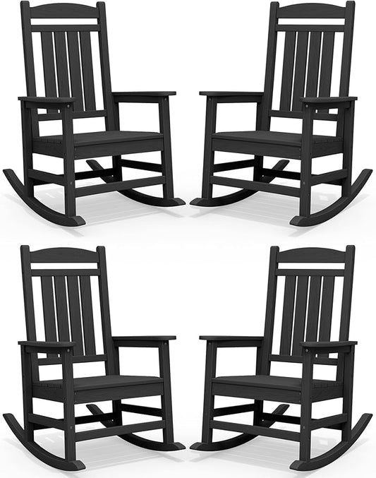 SERWALL HDPE Outdoor Rocking Chair Set of 4, Patio Rocking Chairs, All-Weather Porch Rockers for Adults, Black