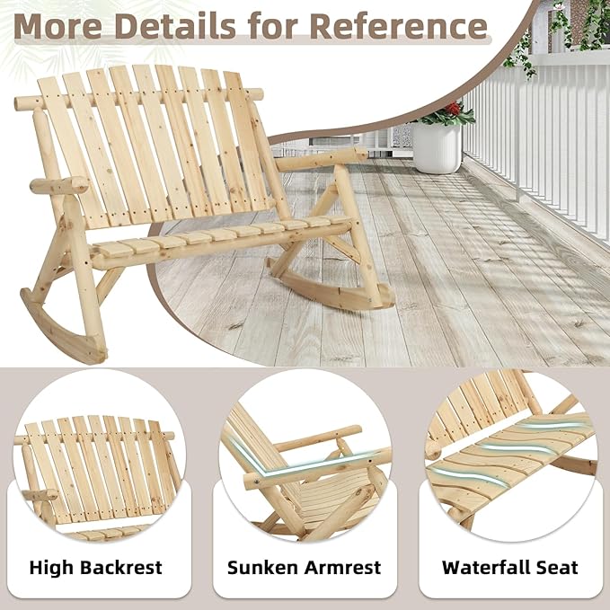 Patio Wooden Rocking Bench, Outdoor Conversation Sets with 2-Seater Adirondack Porch Rocker Loveseat and Coffee Table, Patio Rustic Log Rocker Bench for Deck, Backyard, Garden, Natural
