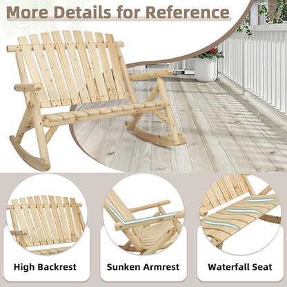 Patio Wooden Rocking Bench, Outdoor Conversation Sets with 2-Seater Adirondack Porch Rocker Loveseat and Coffee Table, Patio Rustic Log Rocker Bench for Deck, Backyard, Garden, Natural