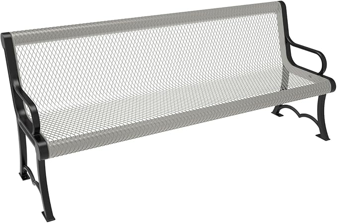 COATEDOUTDOORFURNITURE Coated Outdoor Furniture Heavy-Duty Outdoor Bench Thermoplastic Coated, Expanded Metal, Commercial-Grade Garden Bench, Made in America (Portable with Back, 6 Ft, Gray)