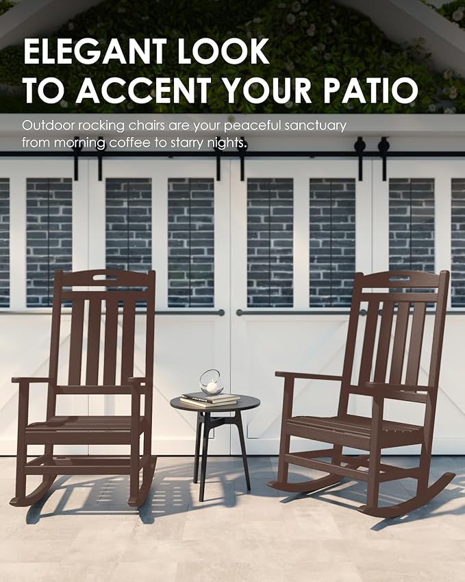 Outdoor Rocking Chair, All-Weather Resistant Poly Lumber Rocker Chair Outdoor, High Back Plastic Patio Rocking Chairs for Outside Porch Rocker Garden Lawn, Mahogany