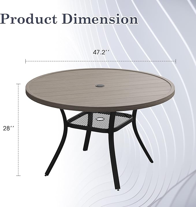 47.2" Patio Dining Table for 6, Round Outdoor Metal Dining Table with Umbrella Hole for Lawn Garden Backyard, Grey