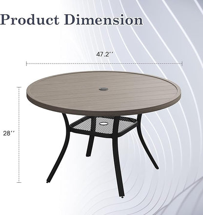 47.2" Patio Dining Table for 6, Round Outdoor Metal Dining Table with Umbrella Hole for Lawn Garden Backyard, Grey