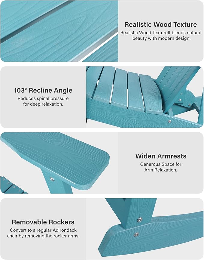 YEFU Outdoor Rocking Chair Set of 4,Adirondack Rocking Chair,Patio Rocker Chair with Wide Back,Oversized Rocker Chair Look Like Real Wood, for Lawn, Porch, Backyard, Indoor and Garden(Blue)