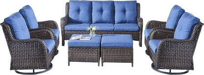 Rilyson Wicker Patio Furniture Set - 7 Piece Rattan Outdoor Sectional Conversation Sets with 4 Swivel Rocking Chairs,2 Ottomans and 1 Sofa for Porch Deck Garden(Brown/Blue)