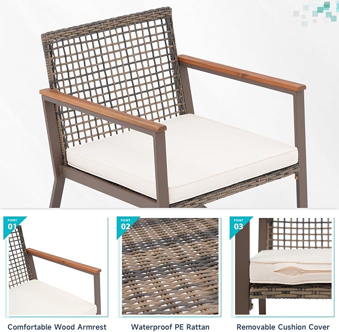 Verano Garden 3 Pieces Rocking Bistro Set, Outdoor Conversation Bistro Chairs and Table Set with Wood Armrest and Soft Cushions, Small Porch Set Balcony Set for Garden, Patio, Yard