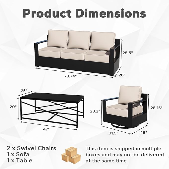Outdoor Aluminum Furniture Set, 4-Piece Patio Conversation Set, 2 Swivel Chairs, 1 Sofa and 1 Table - Photo 2