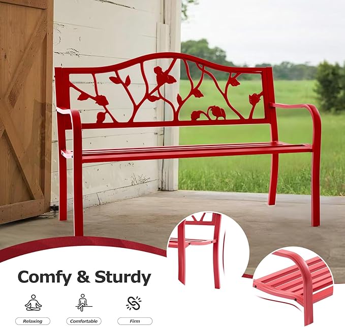 50” Strawberry Outdoor Garden Bench, Weatherproof Sturdy Cast Iron Metal Frame Patio Park Bench for Porch Yard Lawn Deck Park (Red Strawberry Style)