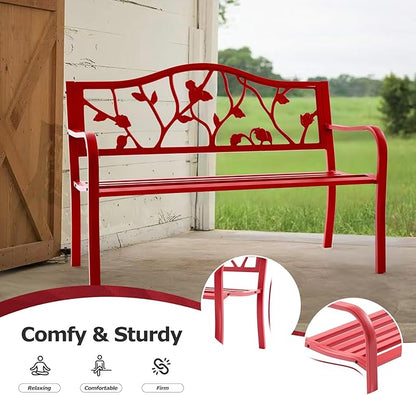 50” Strawberry Outdoor Garden Bench, Weatherproof Sturdy Cast Iron Metal Frame Patio Park Bench for Porch Yard Lawn Deck Park (Red Strawberry Style)