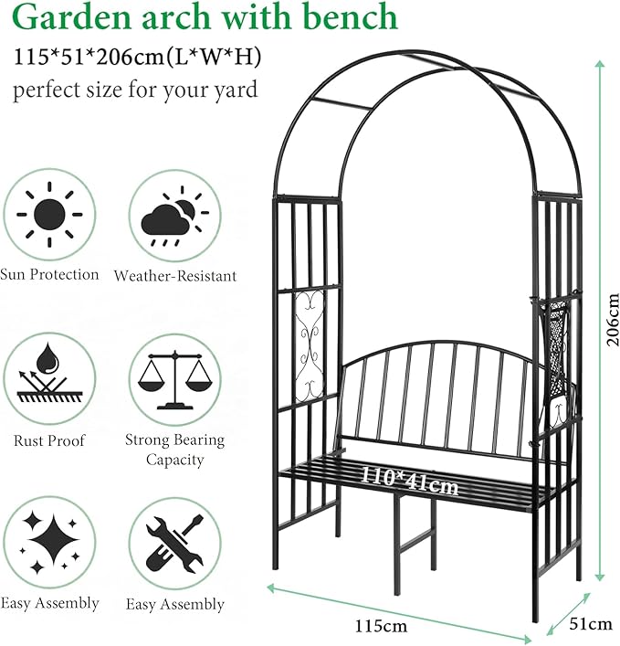 Garden Arch Heavy Duty Arbor with Bench Holds 660lbs Metal Arbor Archway for Climbing Plant & Two People Seat Bench Outdoor Lawn Backyard Decor, Black