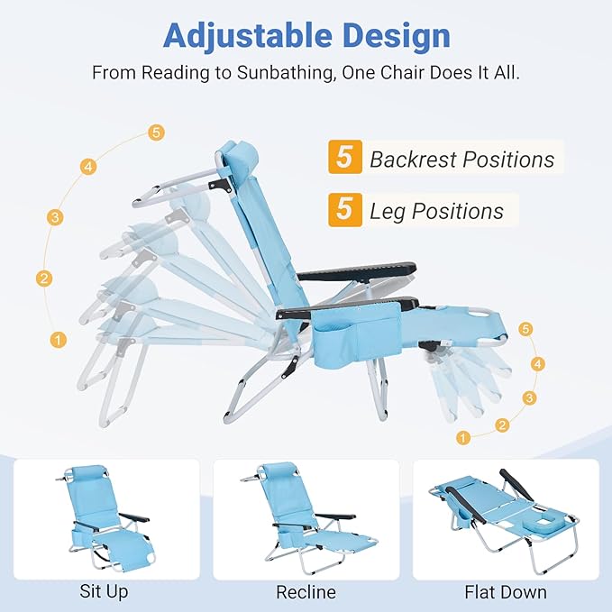 DoCred Heavy Duty Tanning Chair with Face Hole, Adjustable 5-Position Folding Chaise Lounge Chairs for Outside, Portable Lay Flat Beach Lounge Chair for Outdoor Sunbathing Beach Pool Lawn Camping