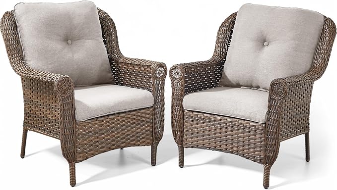 Patio Wicker Chairs Outdoor Furniture Chair - Set of 2 Outside All Weather Lawn Dining Brown Rattan Armchair with High - Photo 1