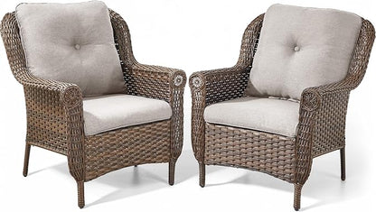 Patio Wicker Chairs Outdoor Furniture Chair - Set of 2 Outside All Weather Lawn Dining Brown Rattan Armchair with High Back&Deep Seating for Deck Porch Balcony Backyard Garden - Beige