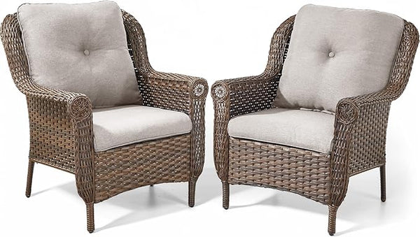Patio Wicker Chairs Outdoor Furniture Chair - Set of 2 Outside All Weather Lawn Dining Brown Rattan Armchair with High - Photo 1
