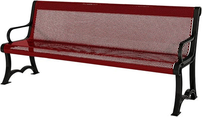 COATEDOUTDOORFURNITURE Heavy-Duty Outdoor Bench Thermoplastic Coated, Punched Steel, Commercial-Grade Garden Bench, Made in America (Portable with Back, 4 Ft, Textured Burgundy)