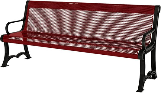 COATEDOUTDOORFURNITURE Heavy-Duty Outdoor Bench Thermoplastic Coated, Punched Steel, Commercial-Grade Garden Bench, Made in America (Portable with Back, 4 Ft, Textured Burgundy)