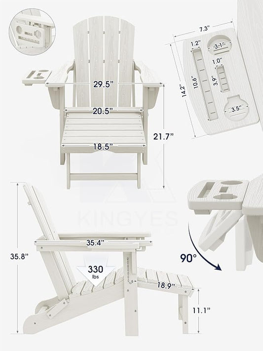 KINGYES Adjustable Folding Adirondack Chair with Footrest & 4-in-1 Multi-Functional Armrest Organizer Set of 2, HDPE Foldable Recliner Adirondack Chair with Pull-Out Ottoman, White