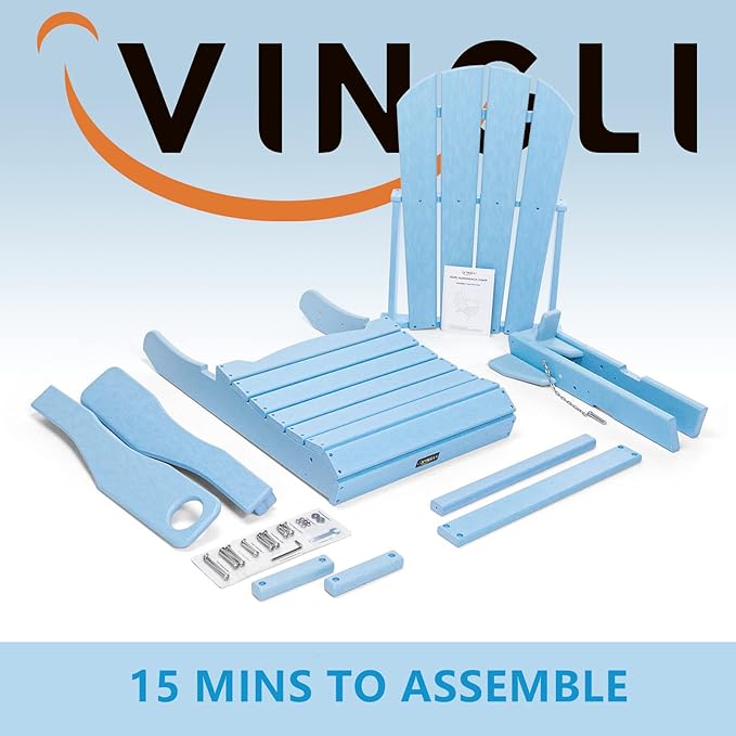 VINGLI Plastic Adirondack Chairs Set of 4, Folding with Cup Holder, Waterproof HDPE Material, Comfortable 380lb Weight Capacity for Outdoor Pool Patio Lounge Chair Lawn Furniture Firepit (Blue)