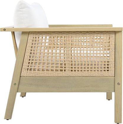 Merax Outdoor Acacia Wood Single Chair PE Wicker Club Chair Dining Chair with Waterproof Detachable Cushion, Light Teak Finish & Cream Cushion