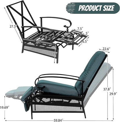 Incbruce Outdoor Lounge Chair Set of 2 Patio Furniture Adjustable Recliner with Retractable Steel Frame and Removable Thick Cushions - Peacock Blue