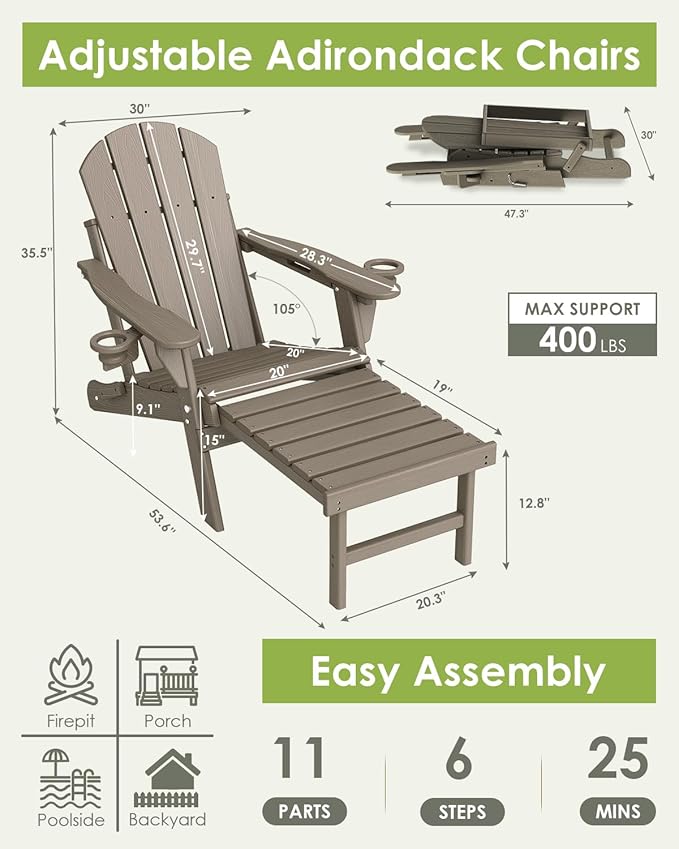 GREENVINES Adjustable Adirondack Chair with Retractable Ottoman Set of 2 | Folding | 2 Cup Holders | Wood Grain HDPE Plastic | Fire Pit Chairs w/Foot Rest | Desert Brown | for Outdoor Patio Poolside