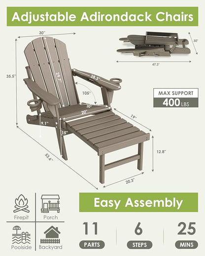 GREENVINES Adjustable Adirondack Chair with Retractable Ottoman Set of 2 | Folding | 2 Cup Holders | Wood Grain HDPE Plastic | Fire Pit Chairs w/Foot Rest | Desert Brown | for Outdoor Patio Poolside