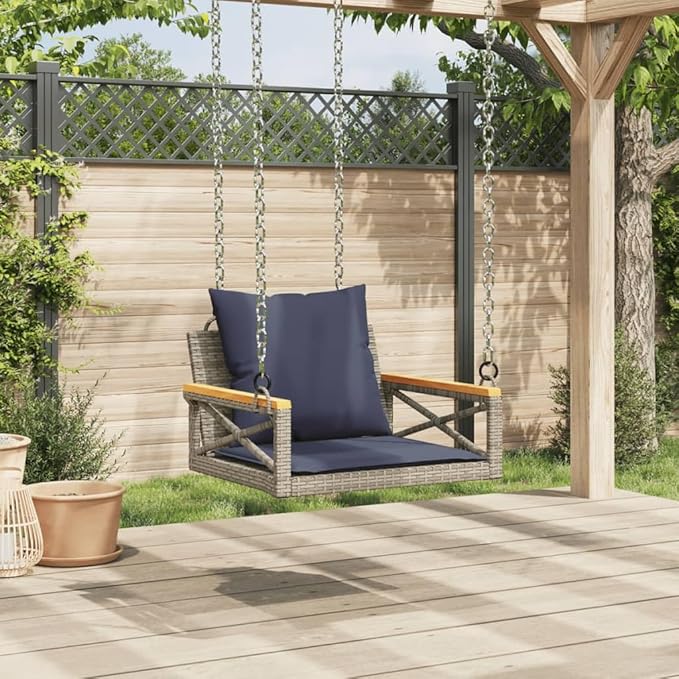 Gray PE Rattan Single Detachable Patio Swing Bench with Navy Cushions for Outdoor Relaxation, Modern Design, Weather Resistant Materials, and Easy Maintenance