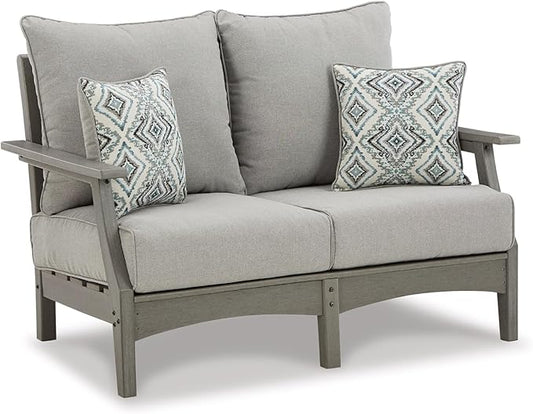 Signature Design by Ashley Outdoor Visola Patio HDPE Loveseat with Nuvella Throw Pillows, Gray