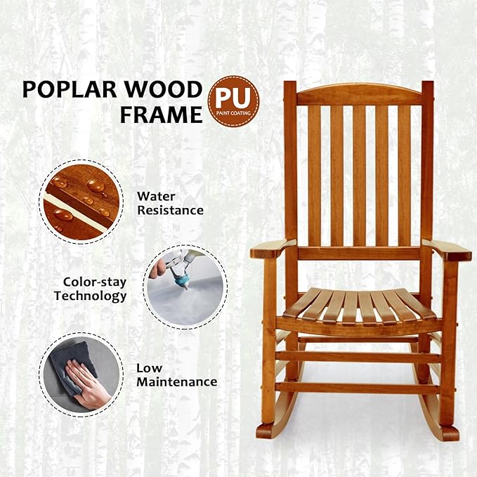 Wooden Oversized Porch Rocker Chair with High Back and Armrest, All Weather Slatted Rocker for Backyard, Garden, 400 lbs Support, Natural