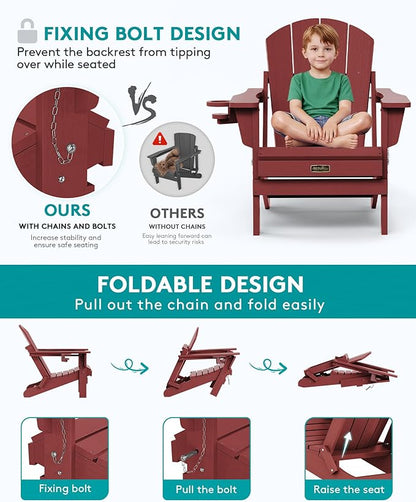 SERWALL Foldable Adirondack Chair Set of 4, Weather Resistant HIPS Patio Chairs with Cup Holder for Patio Garden Outdoors Fire Pit Chairs- Red