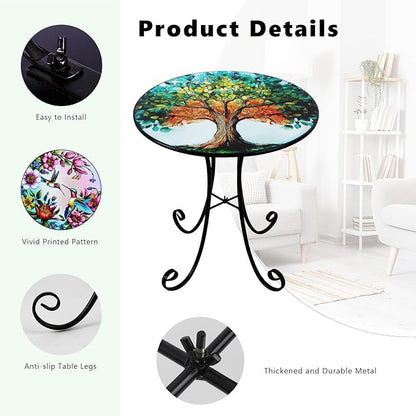 18" Side Table Outdoor, Tree Pattern Metal Accent Table, Indoor Small Round End Tables, Plant Stand Tables for Patio Yard Balcony Garden Bedside