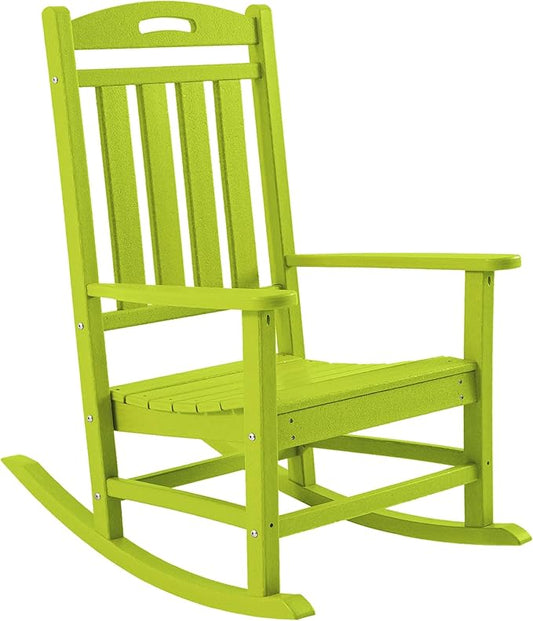 Outdoor Rocking Chair, High Back HDPE Patio Chair, All Weather Rocker Porch Chair, Lawn Chair for Deck, Porch, Backyard, Garden and Indoor, Lime
