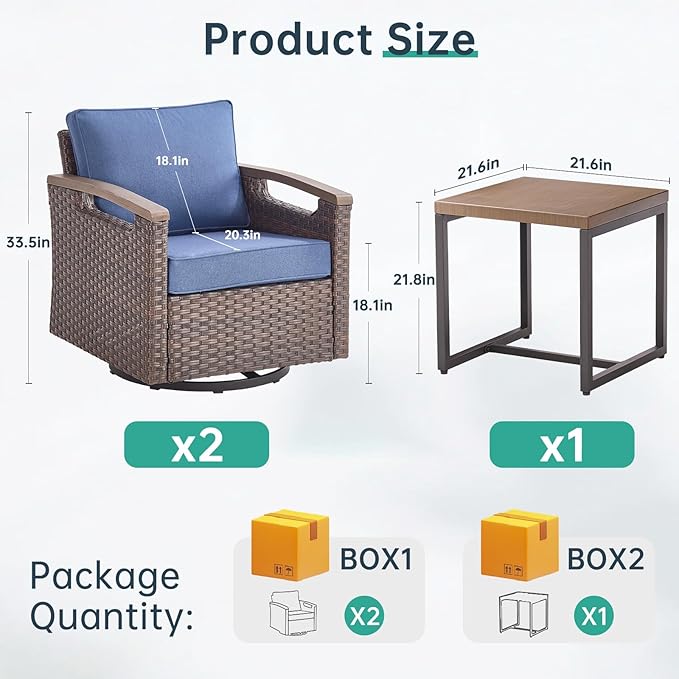 Luxury Outdoor Swivel Rocker Patio Chairs with Metal Side Table - Heavy Duty 3 Piece Patio Furniture Set All Weather - Photo 2