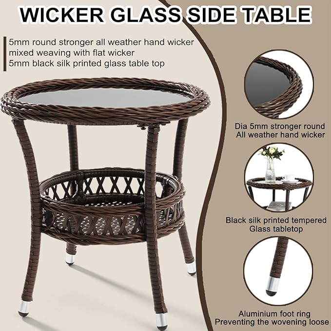 Outdoor Side Table Set of 2 Wicker End Table for Patio Rattan Side Table for Outside Brown Outdoor Patio Coffee Table with Storage & Glass Table Top Round for Backyard Porch