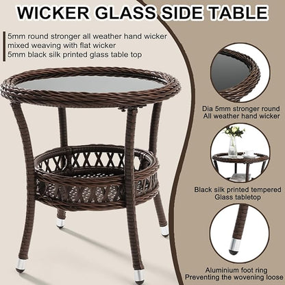 Outdoor Side Table Set of 2 Wicker End Table for Patio Rattan Side Table for Outside Brown Outdoor Patio Coffee Table with Storage & Glass Table Top Round for Backyard Porch