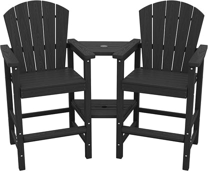 SERWALL Tall Adirondack Chairs Set of 2 with Double Layer Connecting Tray, HDPE Bar Height Outdoor Chairs, Wood-Like Adirondack Bar Stools for Patio, Balcony, Porch, Black