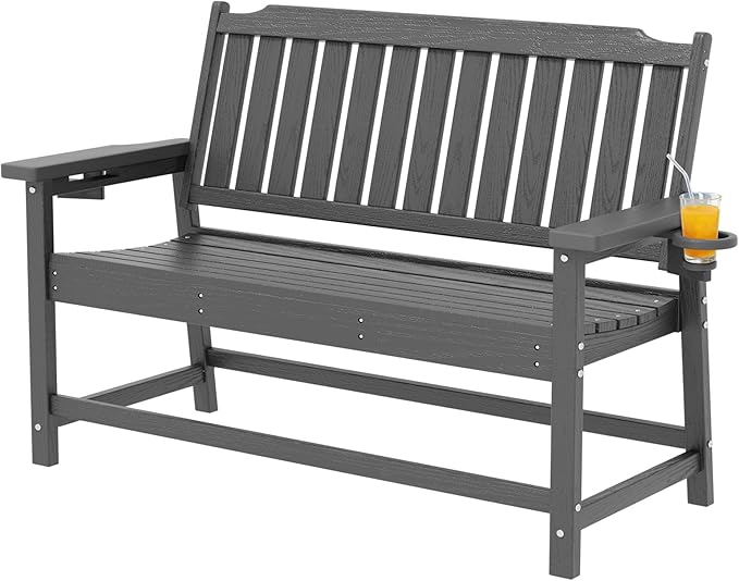 Outdoor Bench with Cup Holder All-Weather HDPE Fade Resistant Garden Bench 660 lbs Bearing 2-Seat Front Porch Furniture for Patio, Backyard,Park (Grey)