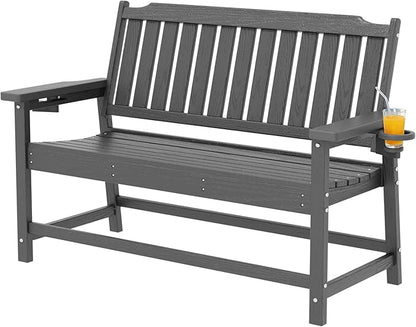 Outdoor Bench with Cup Holder All-Weather HDPE Fade Resistant Garden Bench 660 lbs Bearing 2-Seat Front Porch Furniture for Patio, Backyard,Park (Grey)