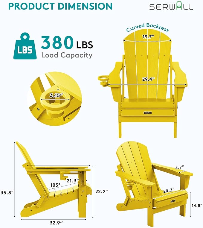 SERWALL Folding Adirondack Chair Set of 8 Painted Adirondack Chair with Cup Holder Weather Resistant for Patio Deck Garden- Yellow