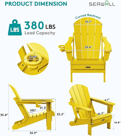 SERWALL Folding Adirondack Chair Set of 8 Painted Adirondack Chair with Cup Holder Weather Resistant for Patio Deck Garden- Yellow