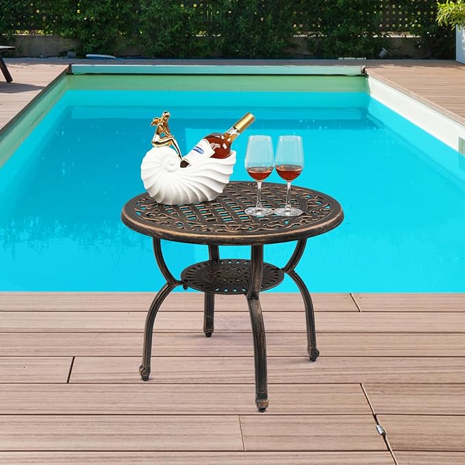 23.6” Cast Aluminum Outdoor Side Table, All Weather Round Patio Coffee Table Porch Table Outdoor Bistro Table for Indoor Garden Porch Balcony, Antique Bronze