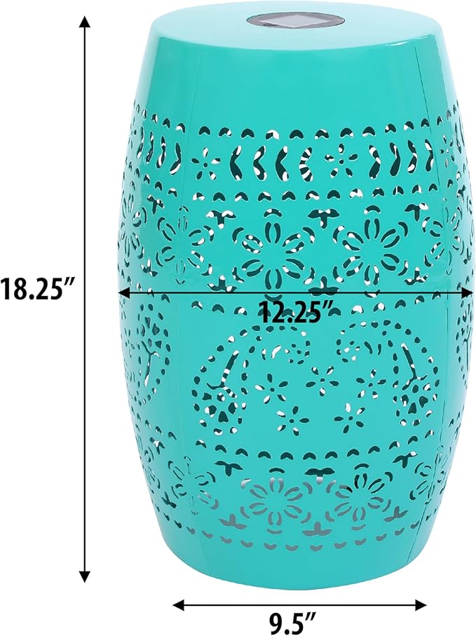 Christopher Knight Home Patio Side Table with Solar Powered Light, Outdoor Metal Coffee Table, Lace Cut Iron End Table, Patio Garden Stool with Cutout Design for Patio or Balcony,Teal