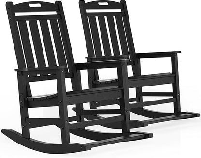 LOUNZY Outdoor Rocking Chair with Footboards Set of 2, HDPE Rocking Chair Patio Porch Rocker with 380lbs Support for Adult, Black