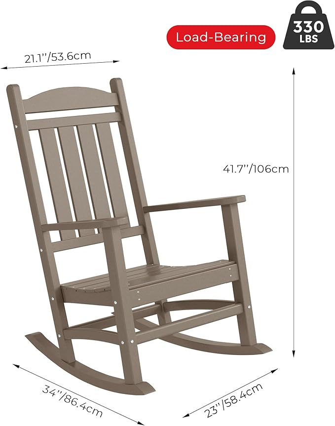 Costaelm Oversized Outdoor Rocking Chair, High Back Porch Rocker Chair, HDPE All Weather Resistant Outdoor Seating Furniture Wide Rocker Chair for Patio, Lawn, Garden, Weathered Wood