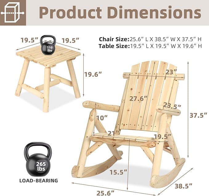 3-Piece Outdoor Wood Rocking Bistro Set, Rustic Adirondack Rocker Chair Set with High Back & Slatted Seat and Side Table, Patio Wooden Conversation Set for Indoor, Deck, Garden, Porch, Natural